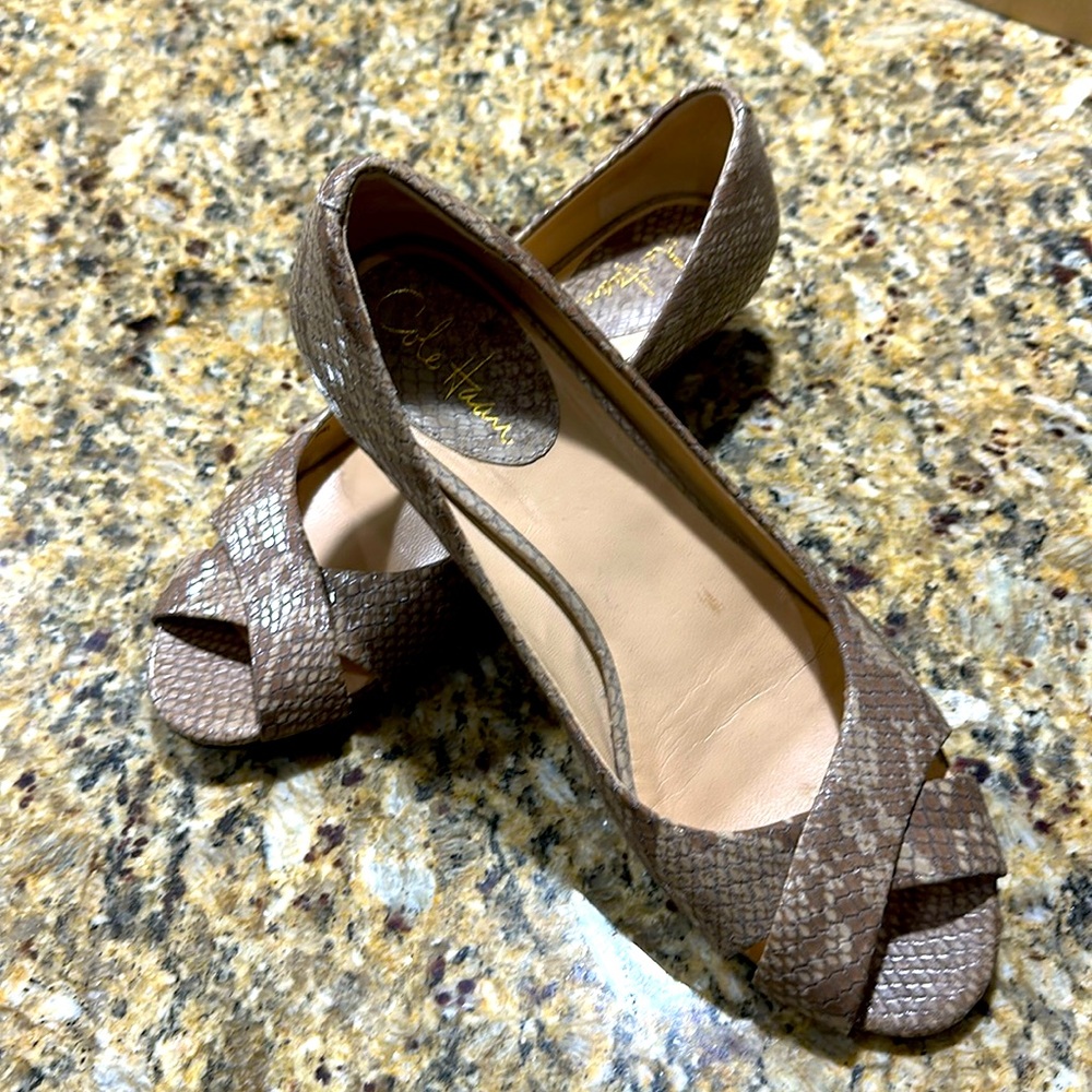 Cole Haan tan, cream and taupe snake crossed peep toe kitten wedge shoes